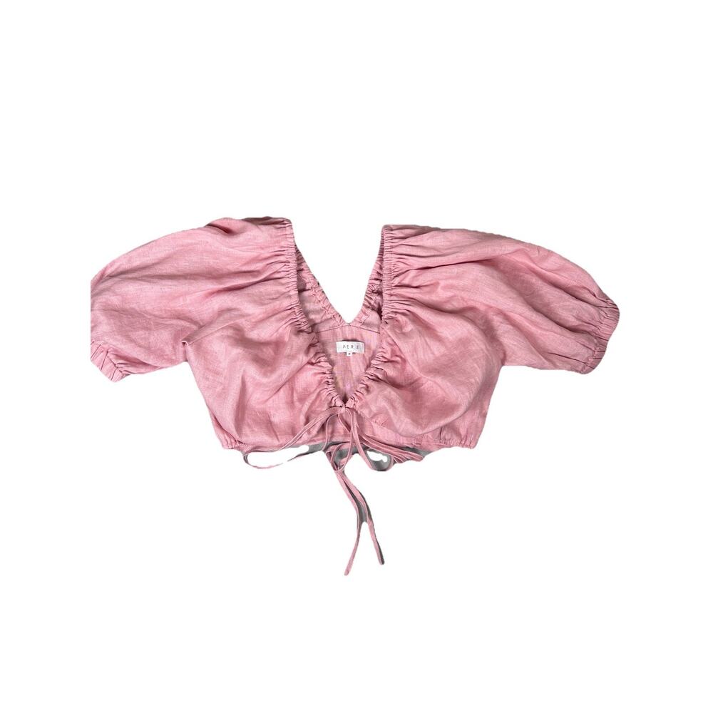 Aere linen tie front shrug puff sleeve v-neck Princess Ruched back Womens Sz 12